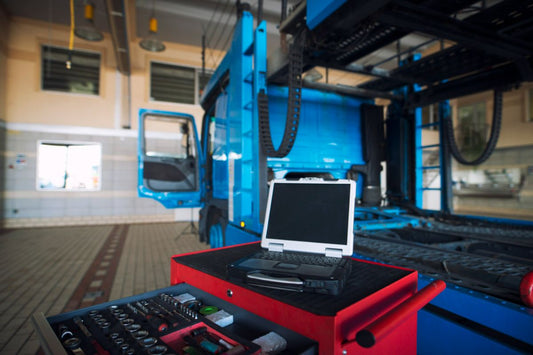 A truck undergoing maintenance before going on the road